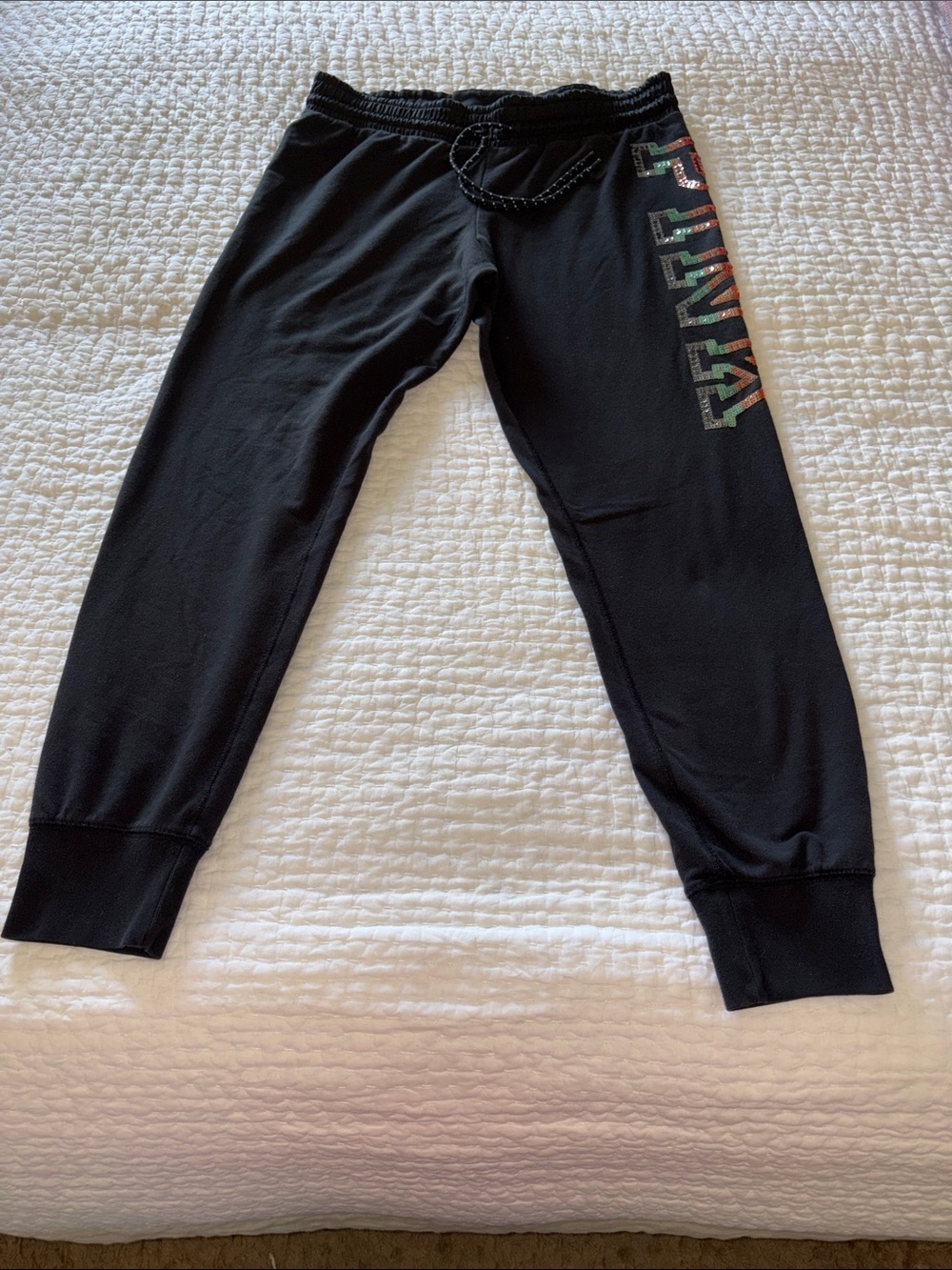 PINK Victoria's Secret Women’s Black Jogger Pants with Sequin Logo EUC M